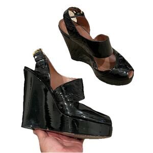 Giuseppe Zanotti Black Patent Leather Platform Wedges Slingback Peep Toe 8.5